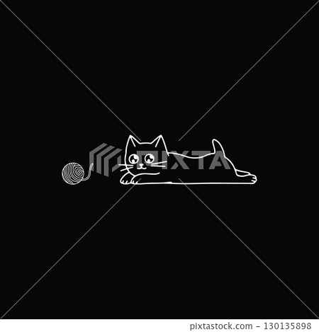 Cute cat plays with yarn ball in a minimalist style, captured in a clean black and white design perfect for pet lovers 130135898