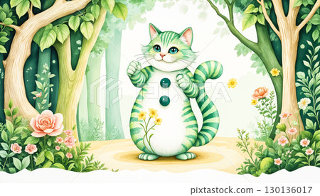 Cheshire Mysterious cat in the forest. Fantasy illustration 130136017