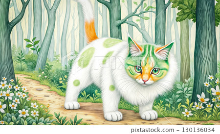 Cheshire Mysterious cat in the forest. Fantasy illustration 130136034