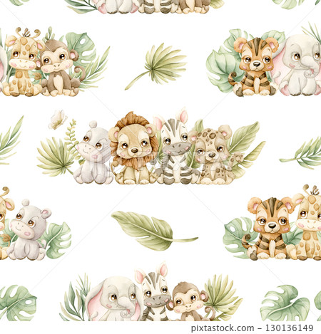 Cute Tropical Animals and Exotic Leaves Watercolor hand painted summer pastel neutral seamless pattern on white background for nursery safari design kids baby cloth textile fabric wrapping paper 130136149