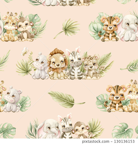Cute Tropical Animals and Exotic Leaves Watercolor hand painted summer pastel neutral seamless pattern on light pink background for nursery safari design kids baby cloth textile fabric wrapping paper 130136153