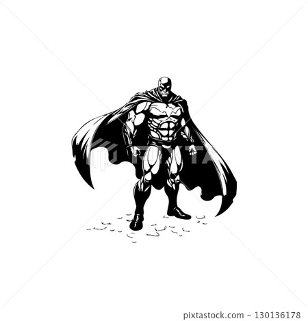 Powerful superhero silhouette standing strong with a cape in black and white illustration Powerful superhero silhouette standing strong with a cape in black and white illustration 130136178