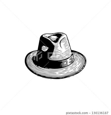 Stylized Vintage Fedora Hat Illustration with Detailed Engraved Texture Design Stylized Vintage Fedora Hat Illustration with Detailed Engraved Texture Design 130136187