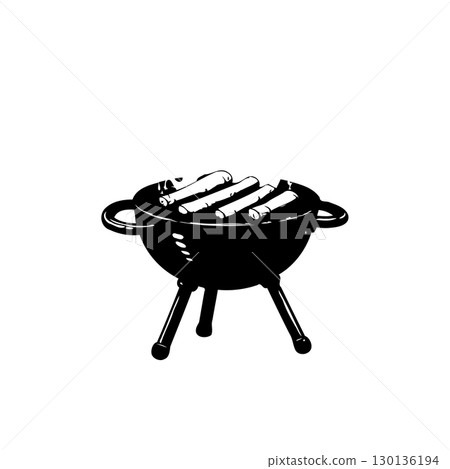 Minimalist grill illustration with hot dogs, isolated on white background, showcasing summertime cooking Minimalist grill illustration with hot dogs, isolated on white background, showcasing summertime cooking 130136194
