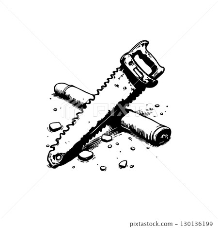 Hand saw and a log in artistic design expressing work tool monochrome Hand saw and a log in artistic design expressing work tool monochrome 130136199