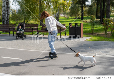 Caucasian woman roller skating with her jack russell terrier dog in park. Caucasian woman roller skating with her jack russell terrier dog in park. 130136233