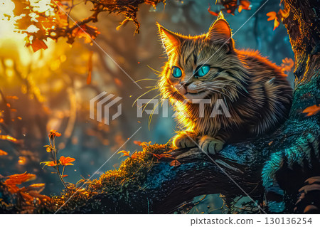 Cheshire Mysterious cat in the forest. Fantasy illustration 130136254