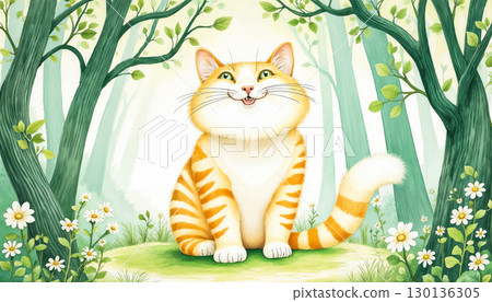 Cheshire Mysterious cat in the forest. Fantasy illustration 130136305