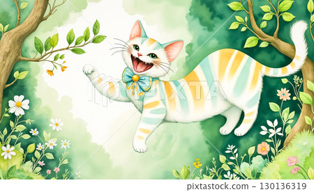 Cheshire Mysterious cat in the forest. Fantasy illustration Cheshire Mysterious cat in the forest. Fantasy illustration 130136319
