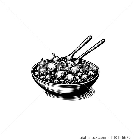 Monochrome illustration of a bowl filled with figs, accompanied by two spoons 130136622