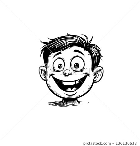 Cheerful Cartoon Boy's Face: A Black and White Illustration with Joyful Expression 130136638