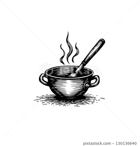 Antique Pot of Stew with Spoon: A charming vintage illustration perfect for culinary projects Antique Pot of Stew with Spoon: A charming vintage illustration perfect for culinary projects 130136640