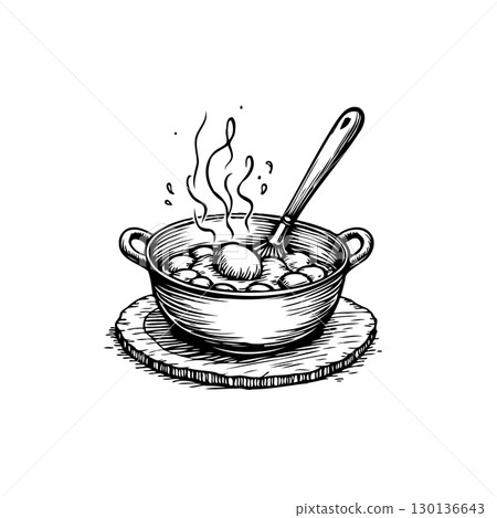 Hand-drawn illustration of a steaming pot of soup with a spoon, appetizing food 130136643