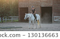 Young horsewoman riding white horse training in the paddock near wooden stable at sunset, equestrian sport, horse riding, hobby and leisure activity 130136663