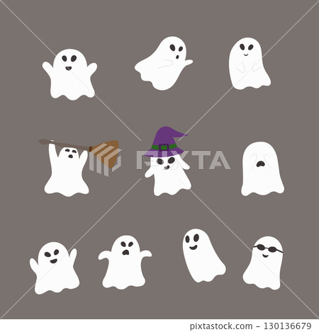 Set of scary white cute ghost characters in cartoon style flat design for halloween festival, Vector illustration 130136679