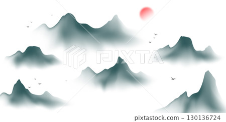 Modern design vector illustration of beautiful Chinese ink landscape painting. 130136724