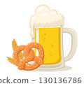 Glass of beer with foam, pretzel and spikelets on white background. Oktoberfest 130136786