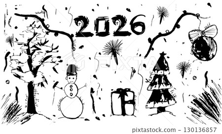 New Year 2026 greeting card drawn in ink on white background, New Year concept, poster with New Year's gifts, Christmas trees, snowman, serpentines, sparkles, confetti, holiday banner for decoration 130136857