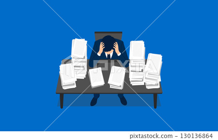 Illustration of a businessman in a suit with a pile of documents, an overworked and stressed office worker 130136864