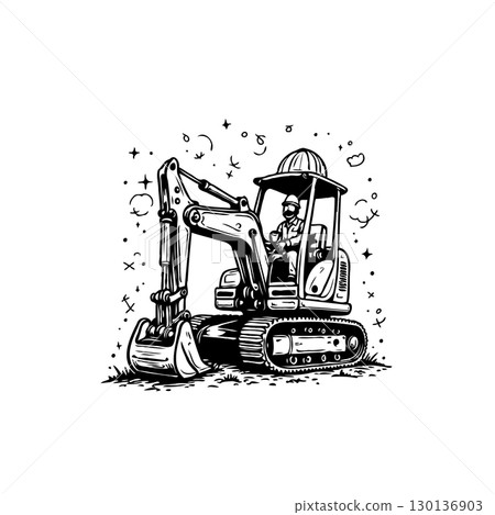 Cartoon Excavator Black and White Illustration for Construction and Vehicle Themes 130136903