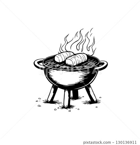Simple barbecue drawing with sausages and fire for grilling and summer party 130136911