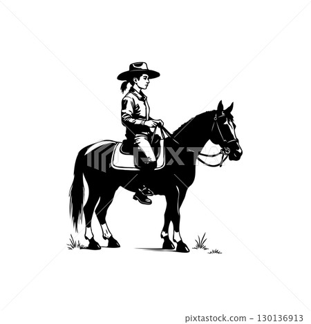 Elegant silhouette: Cowgirl riding black horse with style and grace in minimalist art 130136913