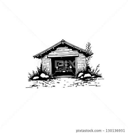 Rustic Garage with Vintage Car: A Nostalgic Black and White Hand-Drawn Illustration Rustic Garage with Vintage Car: A Nostalgic Black and White Hand-Drawn Illustration 130136931