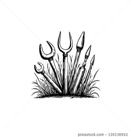 Hand-drawn tools in grass, vintage style illustration with wrenches and spears in nature 130136932