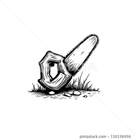 Stylized monochrome illustration of a chainsaw on ground with grass and small rocks Stylized monochrome illustration of a chainsaw on ground with grass and small rocks 130136956