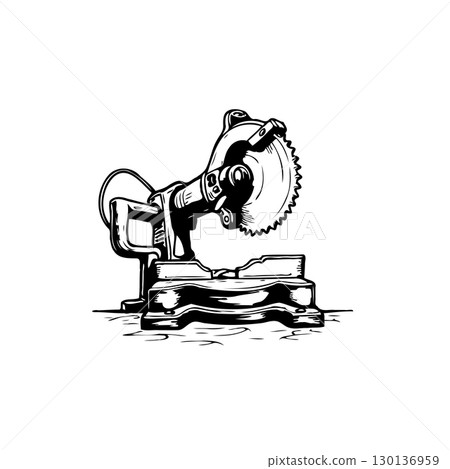 Detailed black and white illustration of a miter saw machine isolated on white 130136959