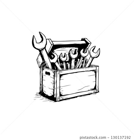 Detailed sketch of an open toolbox filled with wrenches, showcasing hand-drawn texture 130137192