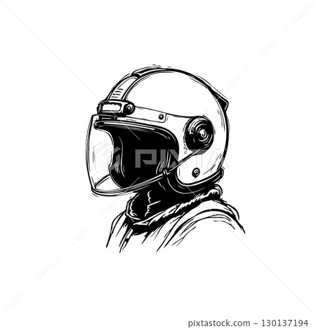 Stylized Ink Drawing of a Motorcycle Helmet with Visor and Shoulder Detail 130137194