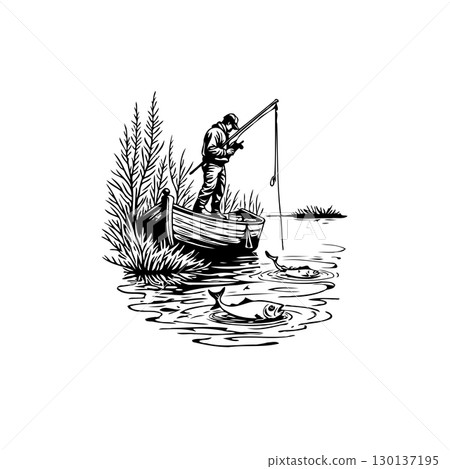 A serene black and white sketch captures a fisherman in his boat, casting his line 130137195