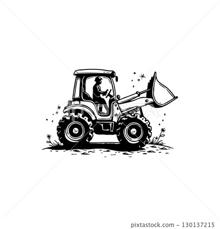 Illustration of a tractor with a driver in black and white minimalist style Illustration of a tractor with a driver in black and white minimalist style 130137215