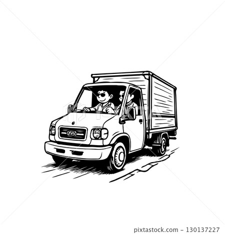 Cartoon delivery truck with driver and passenger driving on the road illustration Cartoon delivery truck with driver and passenger driving on the road illustration 130137227