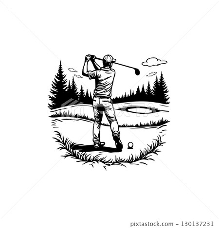 Monochrome Illustration of Golfer Swinging Club on Scenic Course with Trees and Sky 130137231
