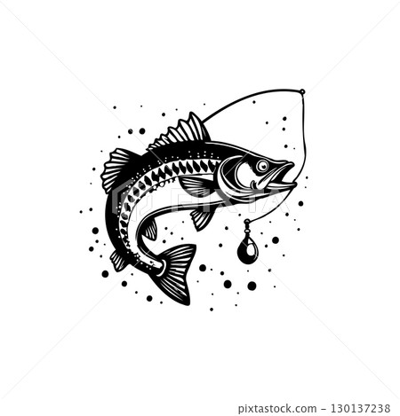 Monochrome illustration showcases fishing with detailed fish and hook design 130137238