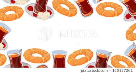 Decorative frame with Turkish tea and simit bread in cartoon style. Perfect for traditional breakfast cafe menu design, delivery packaging and kitchen wallpaper. 130137261