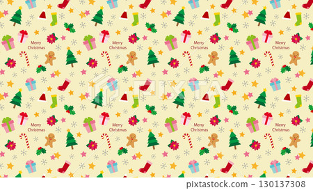 聖誕物品的無縫圖案背景/帶文字/黃色 聖誕物品的無縫圖案背景/帶文字/黃色 130137308