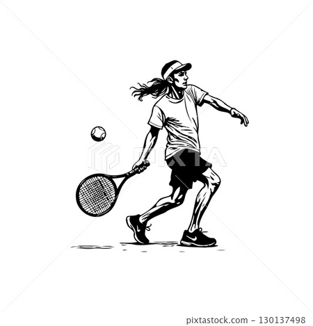 Dynamic black and white illustration of a tennis player in action shot vector Dynamic black and white illustration of a tennis player in action shot vector 130137498