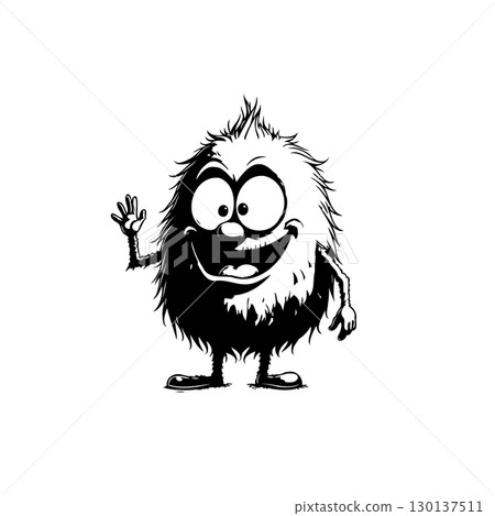 Funny cartoon furry creature with a friendly wave on a white background 130137511