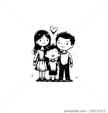 Adorable Family Portrait: Black and White Illustration of a Loving Mother, Father, and Child 130137512