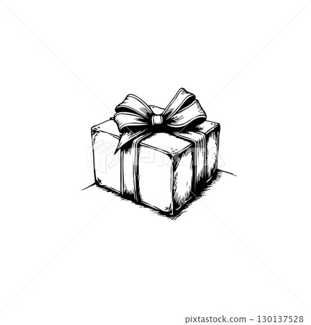 Hand-drawn illustration of a gift box adorned with a bow, isolated on white background 130137528