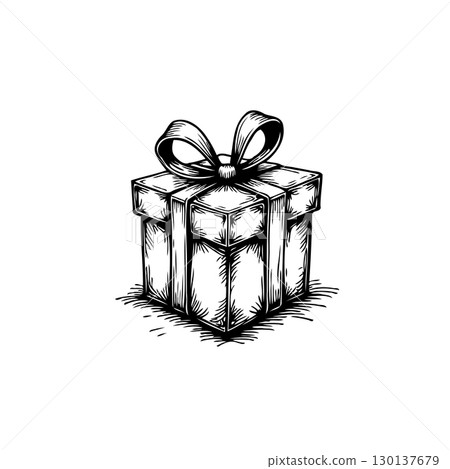 Elegant hand-drawn gift box illustration with ribbon perfect for festive designs 130137679