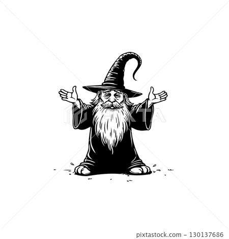 Enchanting wizard cartoon character with outstretched arms and whimsical hat Enchanting wizard cartoon character with outstretched arms and whimsical hat 130137686