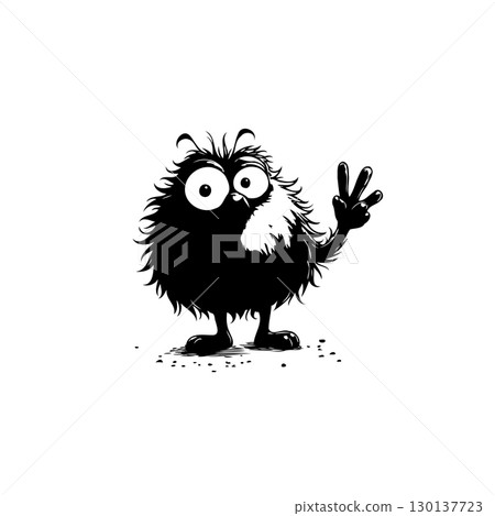 Whimsical Fluffy Creature Illustration with Peace Sign in Black and White Art Style 130137723