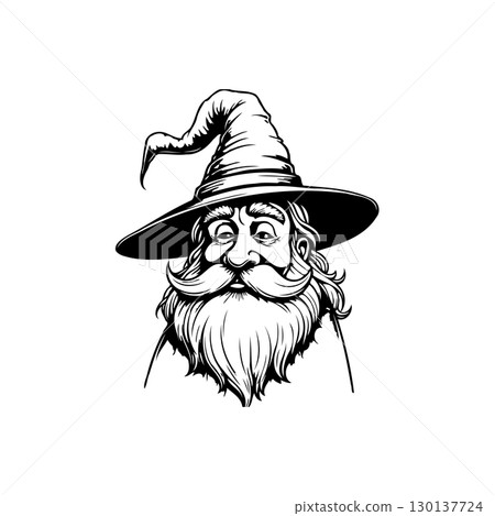 Wizard with a Hat in Black and White, Cartoon Vector Illustration, Vintage Character 130137724