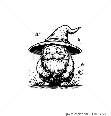Whimsical wizard creature illustration with a pointy hat and bushy beard 130137725