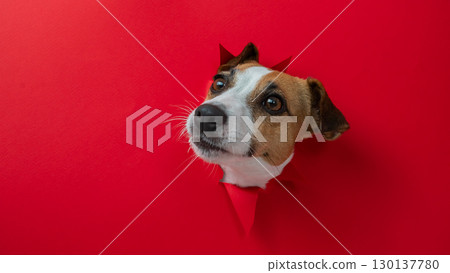 Funny Jack Russell Terrier dog sticks out through a red cardboard background. Copy space.  130137780