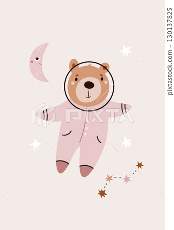 Bear Cute Astronaut Floating in Space with Stars and Moon 130137825